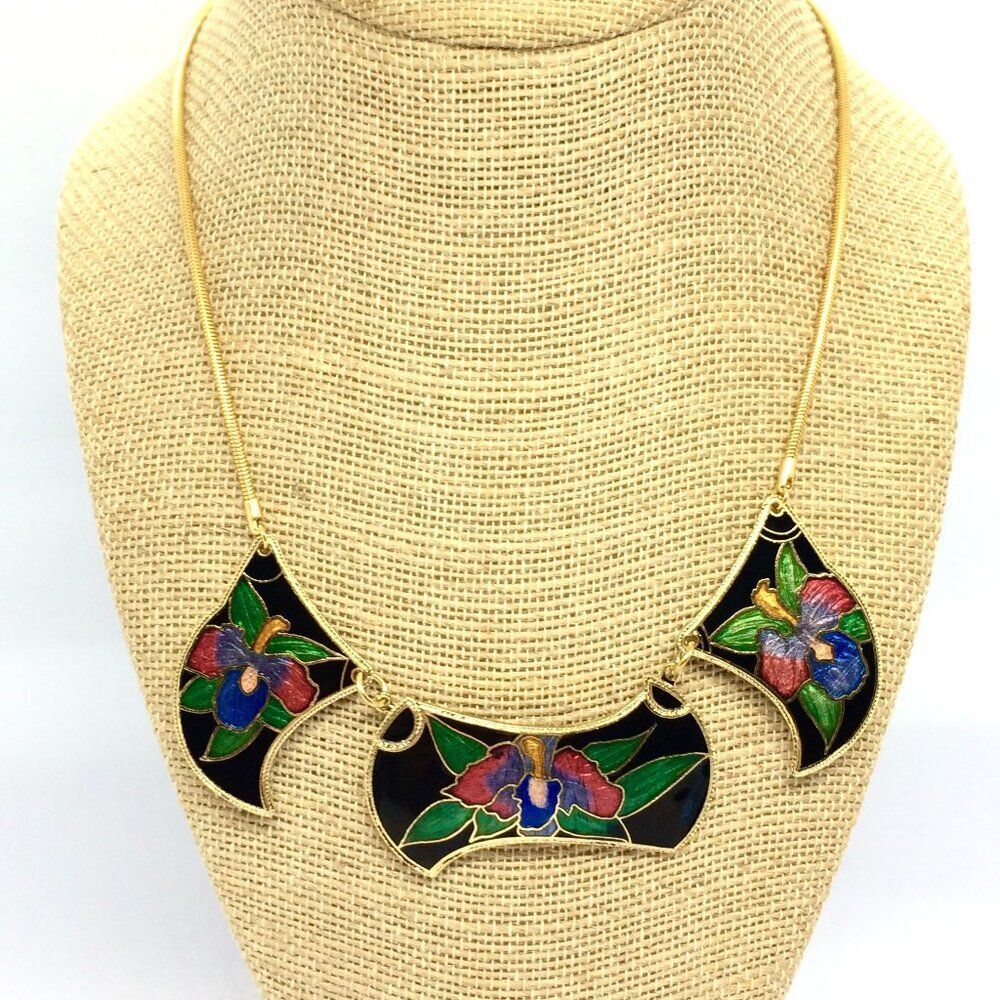 Vintage Cloisonne Necklace Gold Tone Enamel Floral Panel Statement Bib
